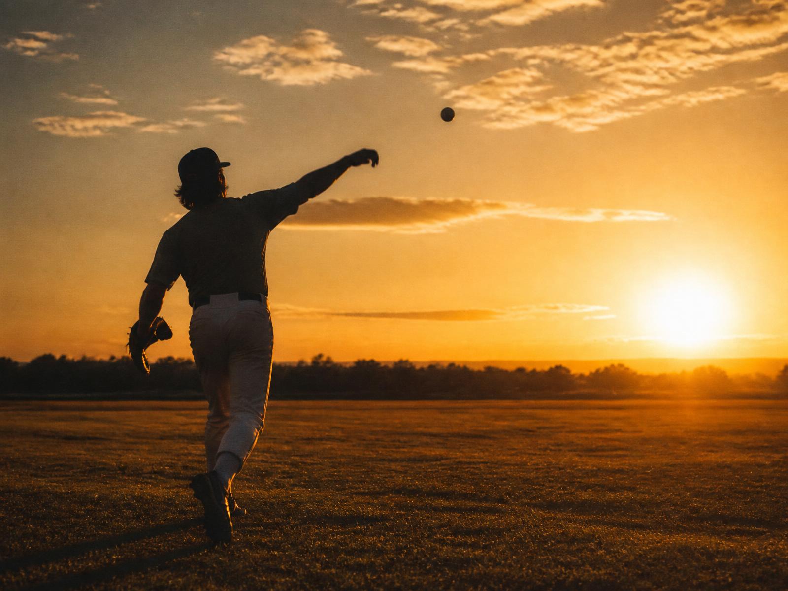 Baseball player mid throw silhouetted against a sunset sky