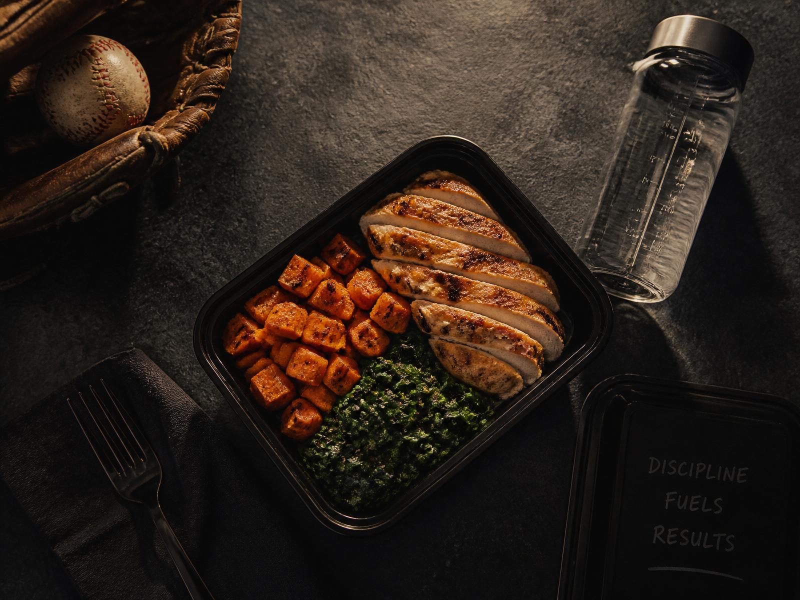 Athlete meal prep with grilled chicken, sweet potato, and greens on dark slate