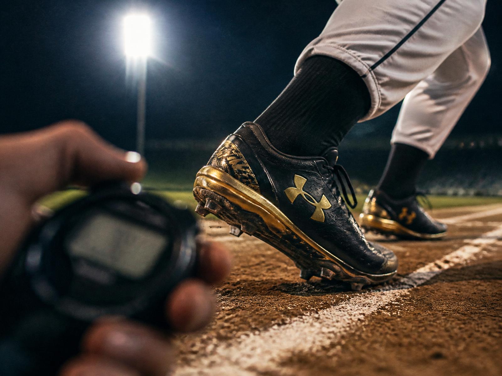 Close-up of baseball cleats at the starting line with coach's stopwatch